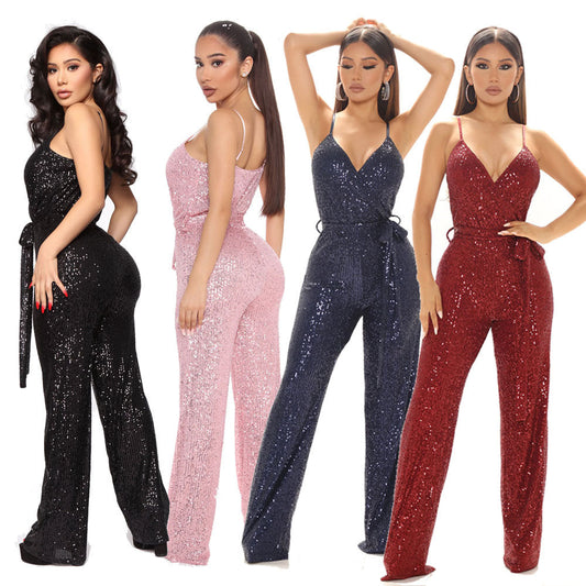 Sleeveless Open Back Solid Sequin Slim Fit Fashion Sling Jumpsuit